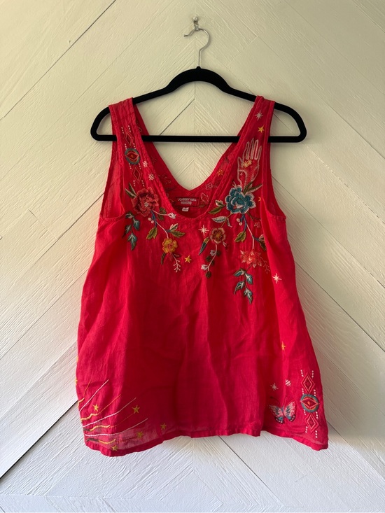 Johnny Was Tops - Johnny Was Embroidered Red Sleeveless V-Neck Tank